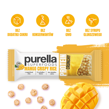 Purella Superfoods, Mango Crispy Rice, baton proteinowy, 45 g