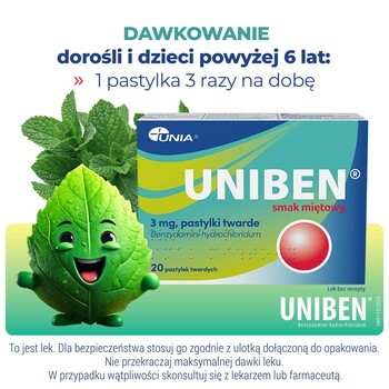 Uniben smak miętowy, 3 mg, pastylki twarde, 20 szt.