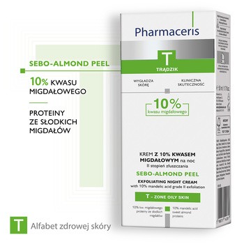 Pharmaceris T Sebo-Almond Peel 10%, krem z 10% kwasem migdałowym, na noc, II stopień złuszczania, 50 ml