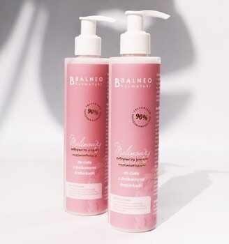 Balneokosmetyki, malinowy odżywczy jogurt rozświetlający do ciała z drobinkami, 150 ml