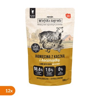 Zestaw 12 x Wiejska Zagroda Jagnięcina z kaczką i kocimiętką, mokra karma dla kota, 100 g