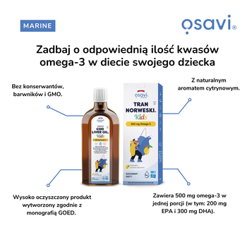 Osavi Tran Norweski Kids 500 mg Omega 3, cytrynowy, olej, 250 ml