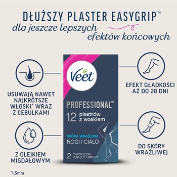 Veet Easy-Gel, plastry do depilacji z woskiem dla skóry wrażliwej, 12 szt.