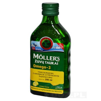 Moller`s Tran Norweski, aromat cytrynowy, 250 ml (import równoległy, Ichem)