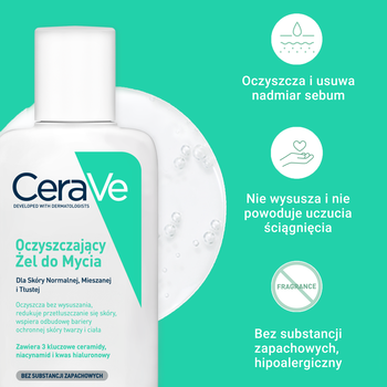 CeraVe, oczyszczający żel do mycia z ceramidami dla skóry normalnej i tłustej, 88 ml