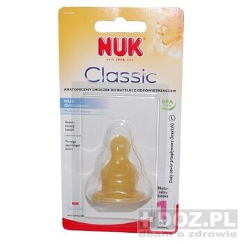 Nuk Classic, lateksowy smoczek na butelkę, 1, papka, 0-6 m, 1 szt