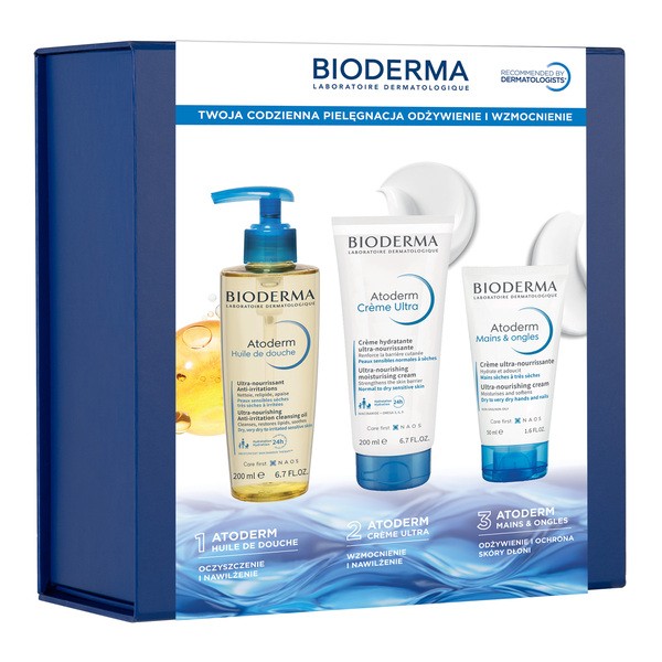 Bioderma Zestaw Bioderma Atoderm, olejek do kąpieli i pod prysznic do ciała i twarzy, 200 ml + krem ultranawilżający i wzmacniający, 200 ml + krem do rąk i paz