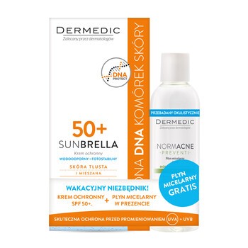 Zestaw Promocyjny Dermedic Sunbrella, krem do skóry tłustej i mieszanej, SPF50+, 50 g + Normacne, płyn micelarny, 100 ml