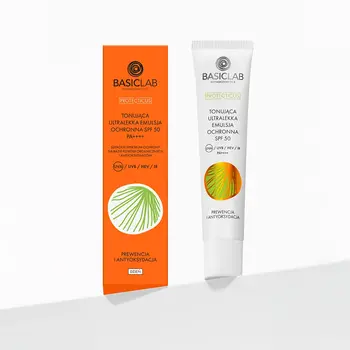 BasicLab Proteticus, tonująca ultralekka emulsja SPF 50 PPD 22,1 Prewencja i Antyoksydacja, 40 ml