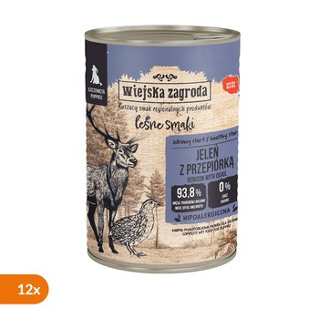 Zestaw 12 x Wiejska Zagroda Leśne Smaki Jeleń z przepiórką, mokra karma dla szczeniaka, 400 g