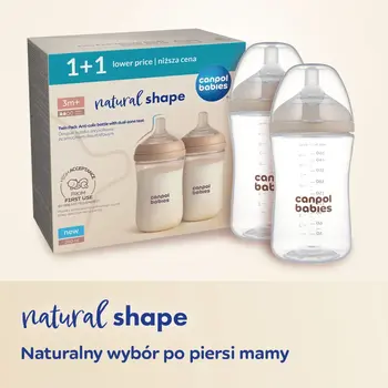 Canpol Babies Natural Shape, butelki ze smoczkiem dwustrefowym, 260 ml, przepływ wolny, 2 szt.