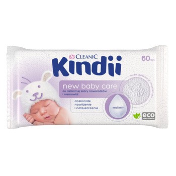 Cleanic Kindii, New Baby Care, chusteczki nawilżane dla noworodków i niemowląt, 60 szt.