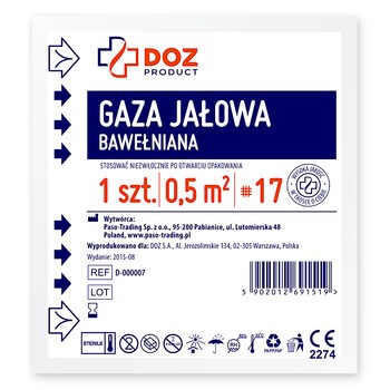 DOZ PRODUCT Gaza jałowa, bawełniana, 17 nitkowa, 1/2 m2, 1 szt.