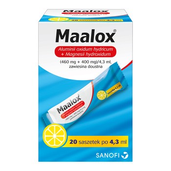 Maalox, 460 mg + 400 mg/4,3 ml, zawiesina doustna w saszetkach, 20 szt.