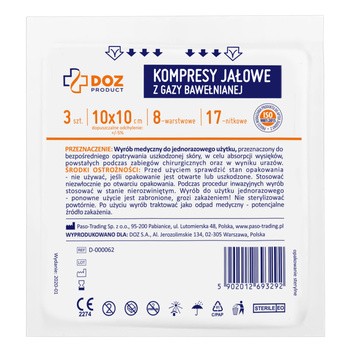 DOZ PRODUCT, kompresy jałowe z gazy bawełnianej, 17-nitkowe, 8-warstwowe, 10 cm x 10 cm, 3 szt.