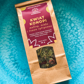Green Mornings, Kwiat Konopi, maliny, mięta i trawa cytrynowa, herbata konopna, 50 g