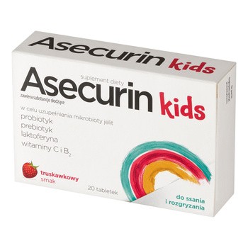 Asecurin Kids, tabletki do ssania i rozgryzania, smak truskawkowy, 20 szt.