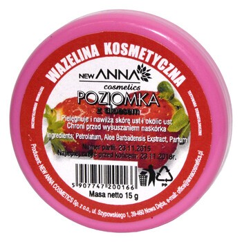 New Anna Cosmetics, wazelina kosmetyczna z aloesem i poziomką, 15 g