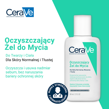 CeraVe, oczyszczający żel do mycia z ceramidami dla skóry normalnej i tłustej, 88 ml