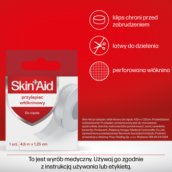 Skin Aid, przylepiec włókninowy do cięcia, 1,25 cm x 4,5 m, 1 szt.