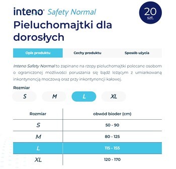 Inteno Safety Normal, pieluchomajtki dla dorosłych, S, 20 szt.