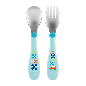 Chicco Metalowe sztućce dziecięce-niebieski 18 m +