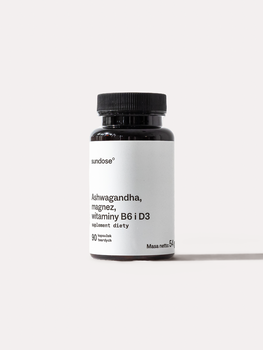 Sundose Ashwagandha, magnez, witaminy B6 i D3, kapsułki twarde, 90 szt.