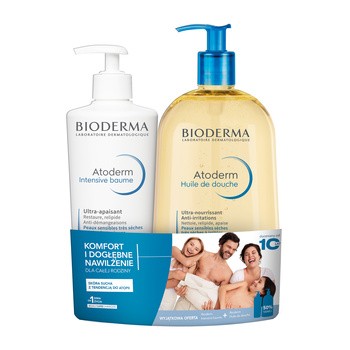 Zestaw Promocyjny Bioderma Atoderm, balsam ultra-kojący, 500 ml + nawilżający olejek do kąpieli i pod prysznic do ciała i twarzy, 1000 ml