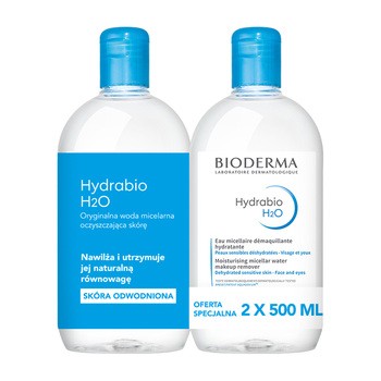 Bioderma Hydrabio H2O, nawilżający płyn micelarny do oczyszczania twarzy i zmywania makijażu, 500 ml x 2 szt.
