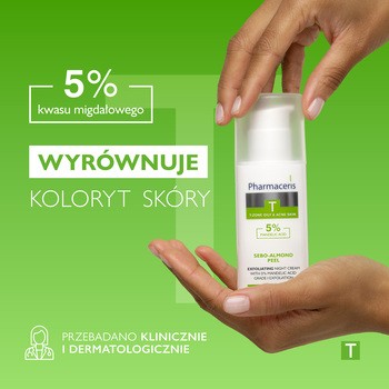 Pharmaceris T Sebo-Almond Peel 5%, krem z 5% kwasem migdałowym, na noc, I stopień złuszczania, 50 ml