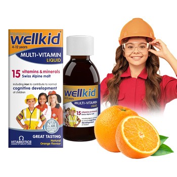 Vitabiotics Wellkid Multi-vitamin Liquid, multiwitamina dla dzieci w płynie, płyn, smak pomarańczowy, 150 ml