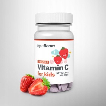 GymBeam Witamina C do ssania dla dzieci, tabletki, smak truskawkowy, 120 szt.