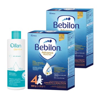 Zestaw 2x Bebilon Advance Pronutra 4, Junior, formuła na bazie mleka po 2. roku życia, 1000 g + Oillan Derm+, emulsja do kąpieli, 200 ml