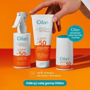 Zestaw Oillan, żel do mycia ciała i włosów 3 w 1 dla dzieci, 100 ml + ochronny roll-on przeciwsłoneczny do twarzy i ciała SPF50, 50 ml