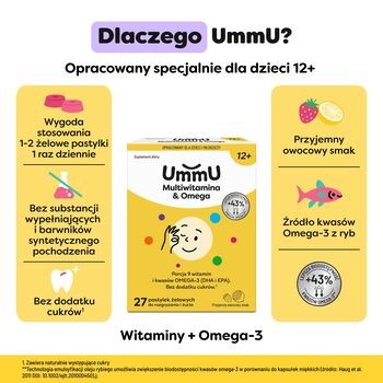 UmmU Multiwitamina&Omega 12+, pastylki żelowe do rozgryzania i żucia, smak owocowy, 27 szt.