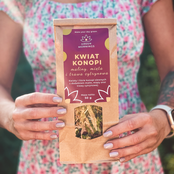 Green Mornings, Kwiat Konopi, maliny, mięta i trawa cytrynowa, herbata konopna, 50 g
