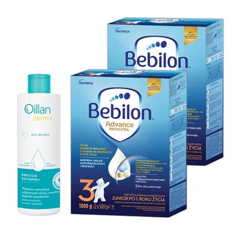 Zestaw 2x Bebilon Advance Pronutra 3, Junior, formuła na bazie mleka po 1. roku życia, 1000 g + Oillan Derm+, emulsja do kąpieli, 200 ml