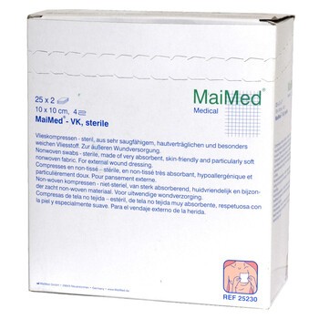 MaiMed VK, kompresy włókninowe, jałowe, 10 x 10 cm, 4 warstwowe, 2 szt x 25