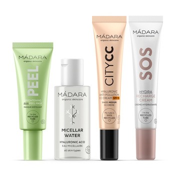 Zestaw Madara The Icons Set Medium, woda micelarna, 50 ml + rozjaśniająca maska z kwasamia AHA, 17 ml + krem do twarzy, 15 ml + krem CC SPF15, 15 ml