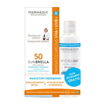 Zestaw Promocyjny Dermedic Sunbrella, krem ochronny, skóra nadwrażliwa, SPF 50, 40 g + Hydrain3, płyn micelarny, 100 ml
