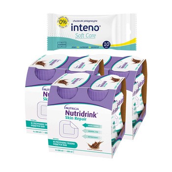 Zestaw 3 x Nutridrink Skin Repair, smak czekoladowy, płyn, 4 x 200 ml + INTENO Soft Care, chusteczki pielęgnacyjne, 10 szt.