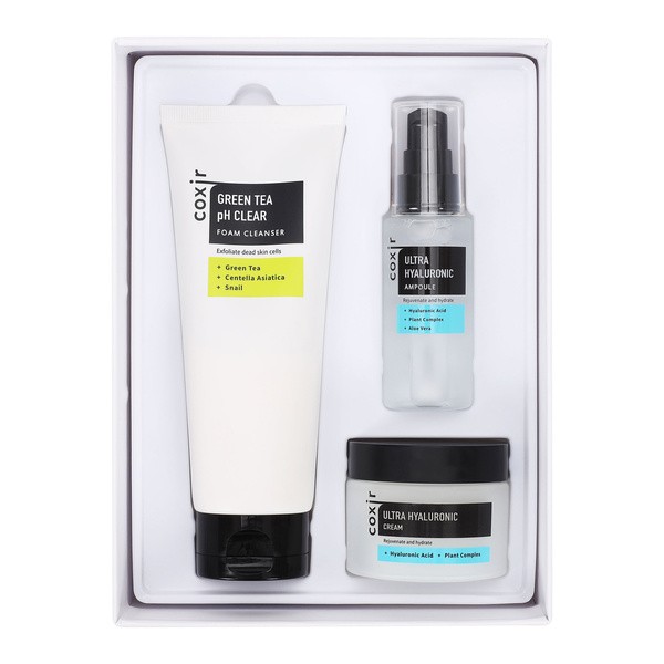 Coxir Zestaw Coxir Ultra Hyaluronic, Green Tea Clear pianka oczyszczająca, 150 ml + Ultra Hyaluronic ampułka, 50 ml + krem nawilżający, 50 ml