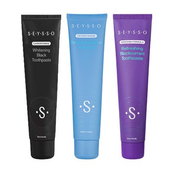Zestaw Seysso, Oxygen Remineralization & Repair, remineralizująca pasta do zębów, 75 ml + Color Refreshing Blackcurrant, odświeżająca pasta do zębów, 75 ml + Carbon Black, wybielająca pasta do zębów z aktywnym węglem, 75 ml