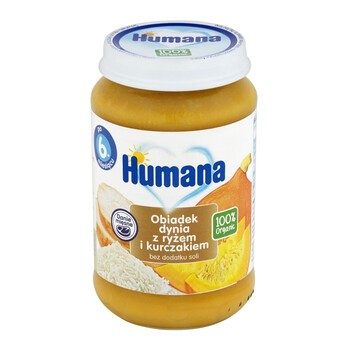Humana 100% Organic, obiadek dynia z ryżem i kurczakiem, bez dodatku soli, 6 m+, 190 g