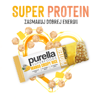 Purella Superfoods, Mango Crispy Rice, baton proteinowy, 45 g