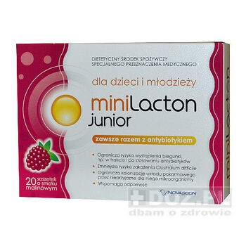 Minilacton Junior, proszek smak malinowy od 3 roku życia, 20 saszetki