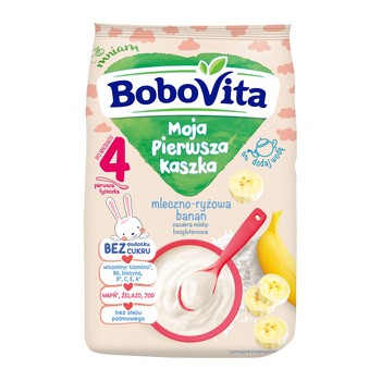 BoboVita Moja Pierwsza Kaszka, kaszka mleczno-ryżowa, banan, bez cukru, 4 m+, 230 g