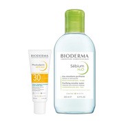 Zestaw Bioderma, Photoderm AKN Mat, krem do skóry tłustej i mieszanej, skłonnej do trądziku, SPF 30, 40 ml + Sebium H2O, woda micelarna dla skóry mieszanej i tłustej, 250 ml