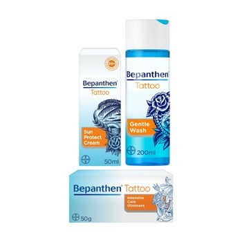 Zestaw Bepanthen Tattoo, żel do mycia, 200 ml + krem przeciwsłoneczny SPF 50+, 50 ml + maść do pielęgnacji skóry tatuowanej, 50 g