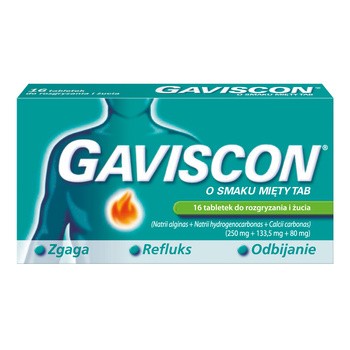 Gaviscon o smaku mięty TAB, tabletki do rozgryzania i żucia, 16 szt.
